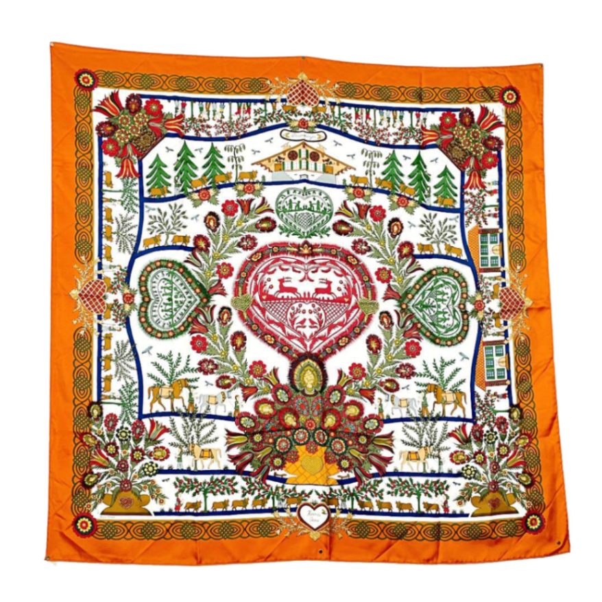 HERMES エルメス スカーフ カレ90 『Decoupages（デコパージュ）』 植物柄 シルク オレンジ系