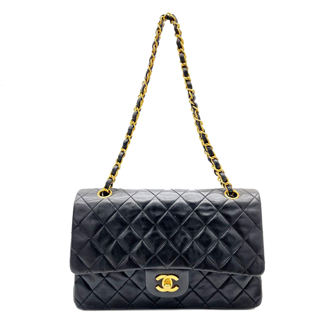 CHANEL シャネル チェーンショルダーバッグ マトラッセ25 Wフラップ ラムスキン ブラック 2番台