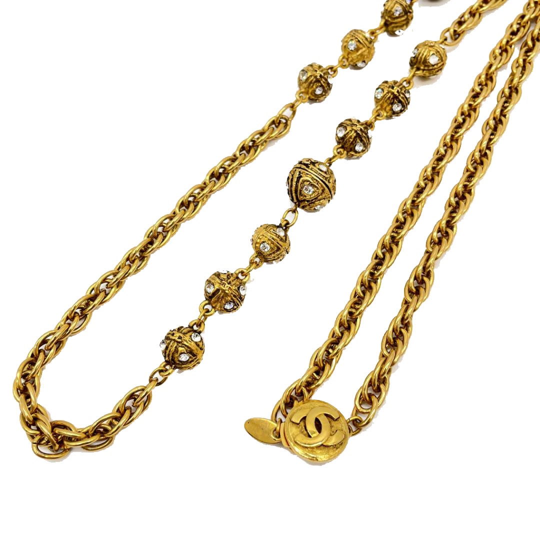 CHANEL シャネル ロングネックレス ボールチャーム ココマーク ラインストーン ゴールド ヴィンテージ