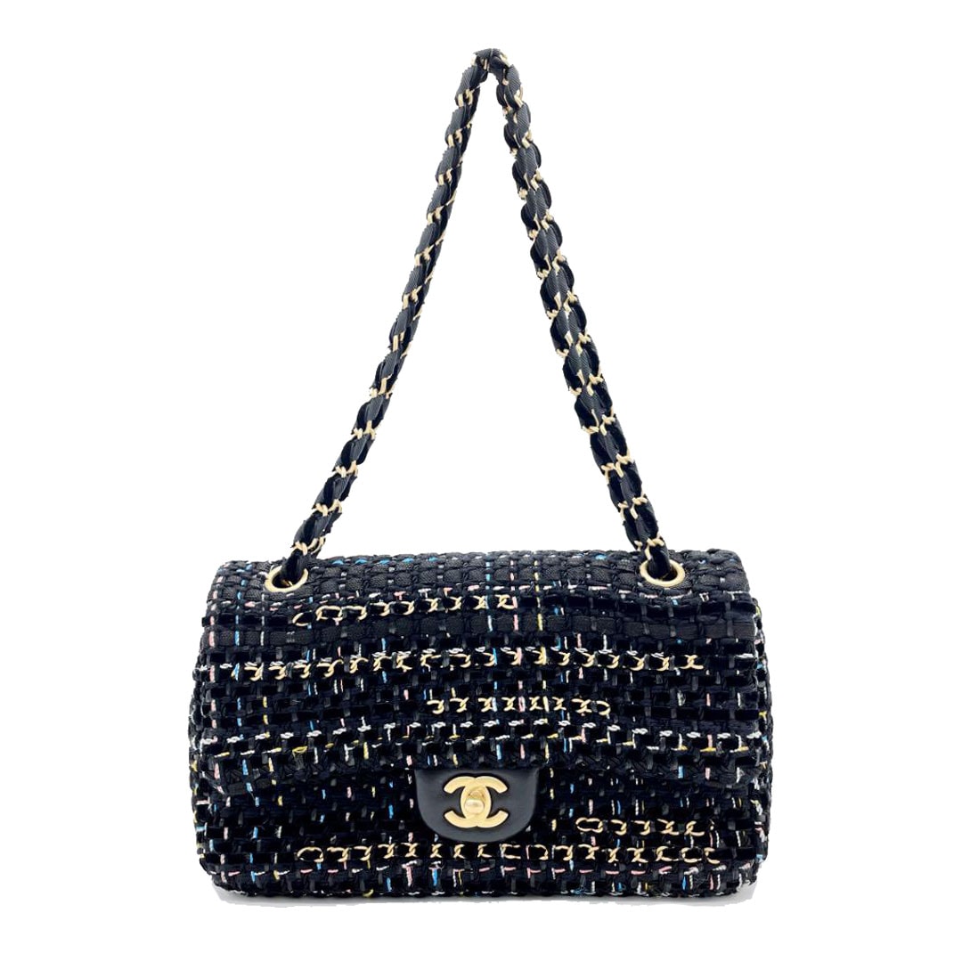 CHANEL シャネル ツイードチェーンショルダーバッグ 25 ブラック ヴィンテージゴールド 28番台