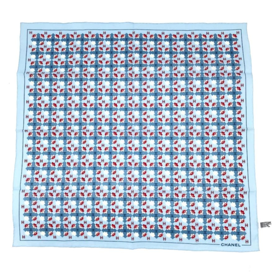 CHANEL シャネル ハンカチ ココマーク フラワー柄 コットン100% ライトブルー レッド