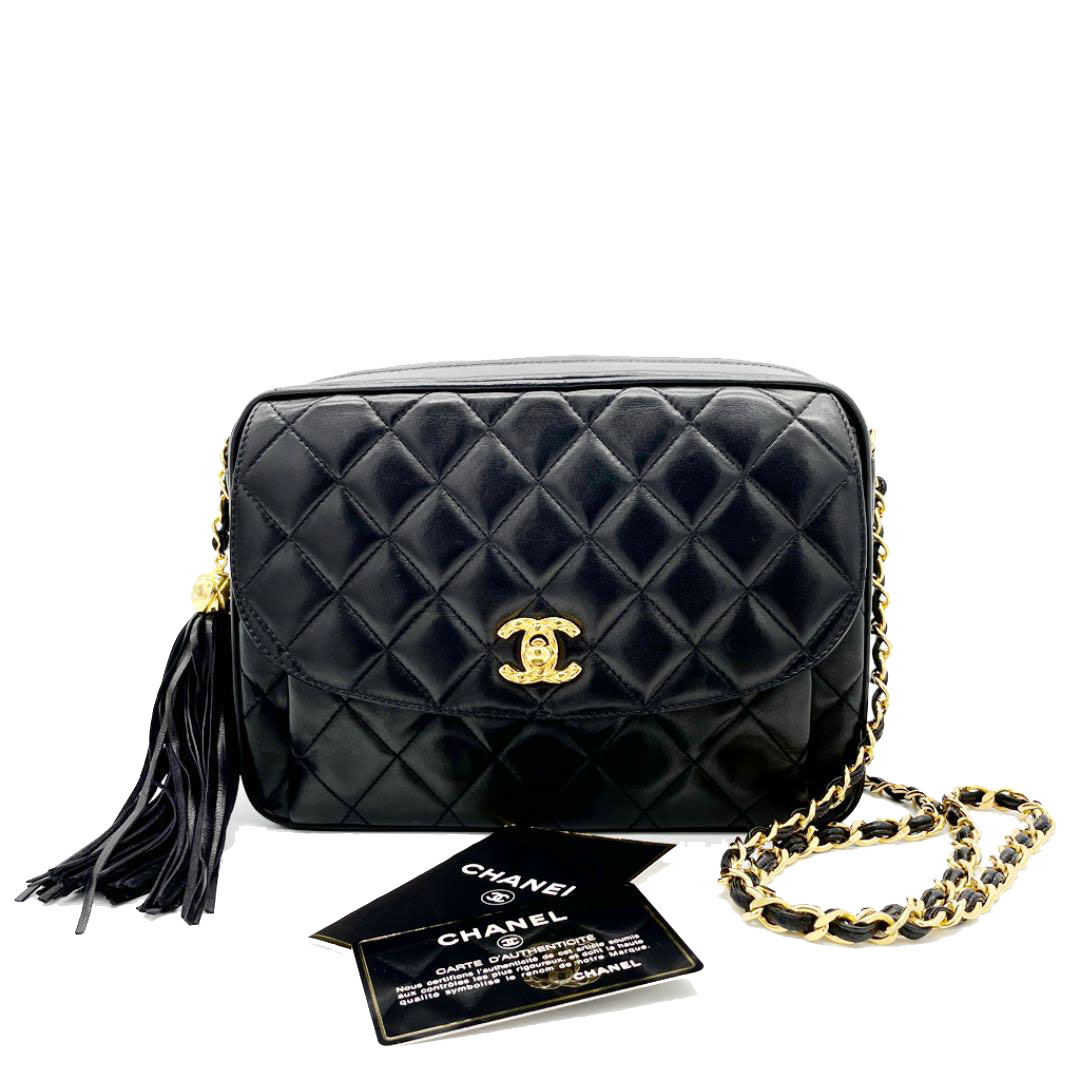 CHANEL シャネル マトラッセ チェーンショルダーバッグ タッセルチャーム ラムスキン ブラック ゴールド 2番台(1992年頃製造)