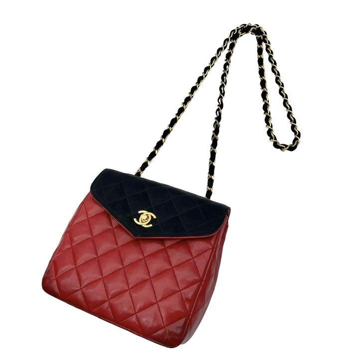 CHANEL シャネル チェーンショルダーバッグ ミニマトラッセ サテン×ラムスキン レッド ブラック 0番台