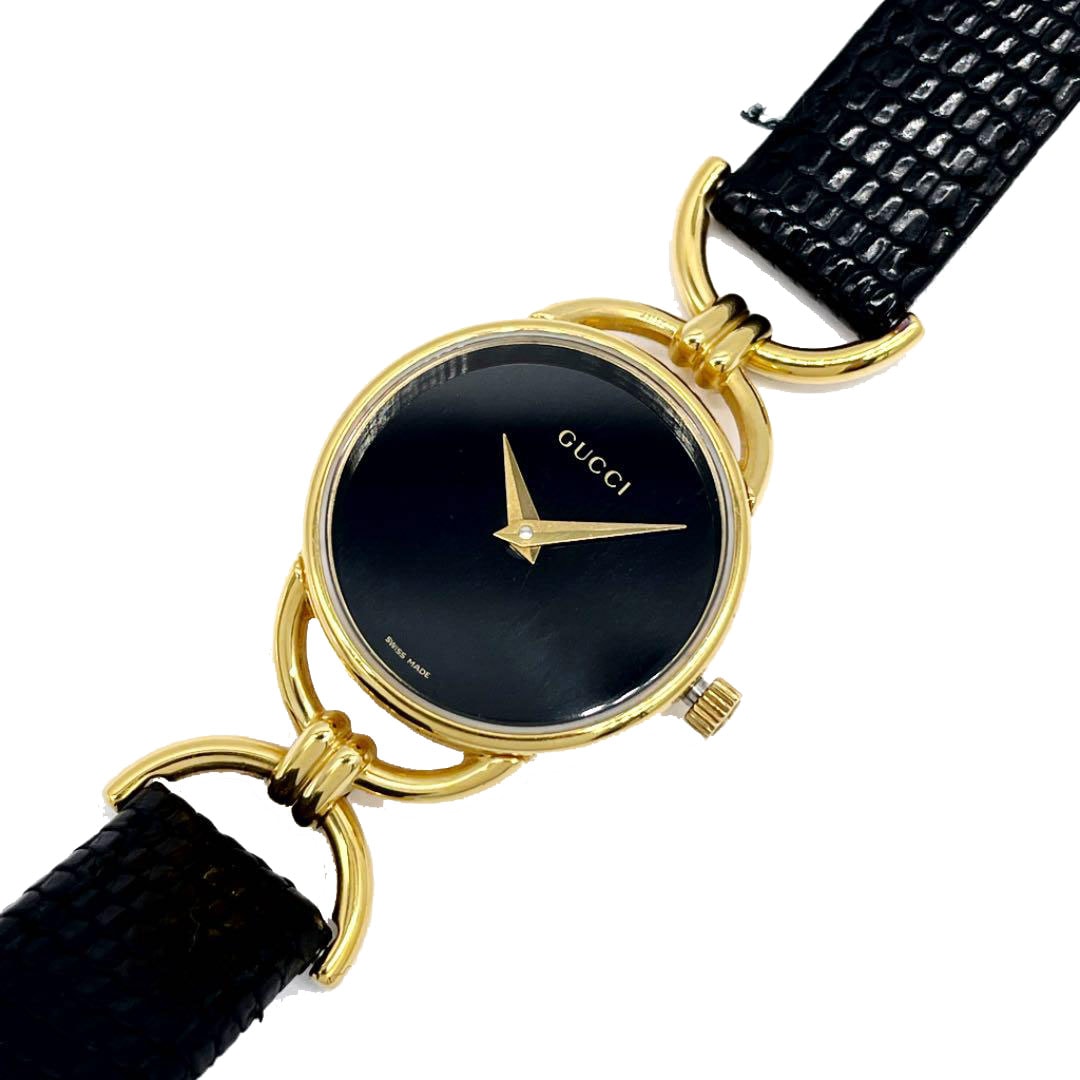 GUCCI グッチ レディース腕時計 QZ GP レザーベルト ゴールド ブラック文字盤 6000.2.L