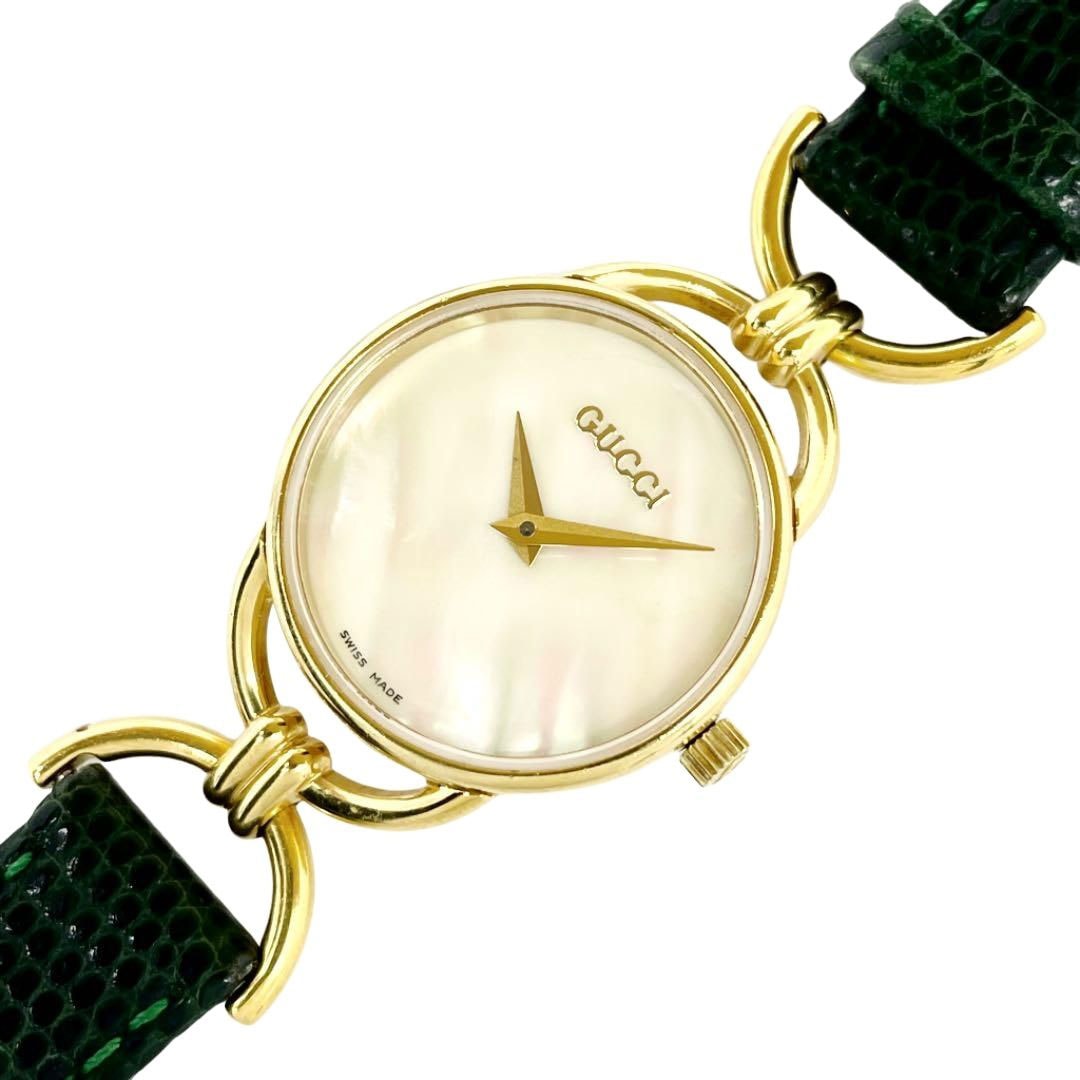 GUCCI グッチ 腕時計 レディースウォッチ シェル文字盤 リザードベルト QZ GP ゴールド グリーン 6000.2.L