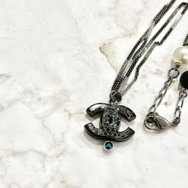 CHANEL シャネル 2連ネックレス ココマーク フェイクパール ストーン ブラック ガンメタリック 06A