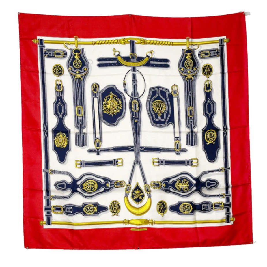 HERMES エルメス ヴィンテージスカーフ カレ90 『Harnais des Presidents（大統領の馬具）』シルク レッド