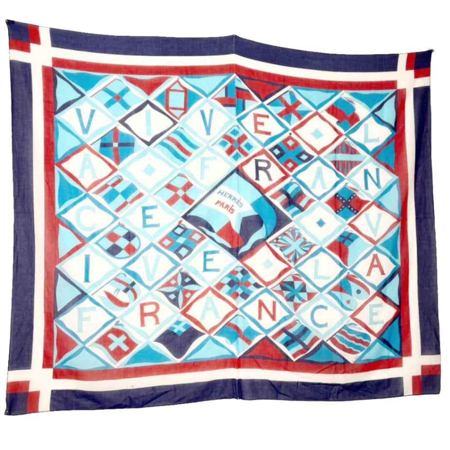 HERMES エルメス パレオ スカーフ 『VIVE LA FRANCE』コットン 旗柄 ブルー レッド 水色 ホワイト