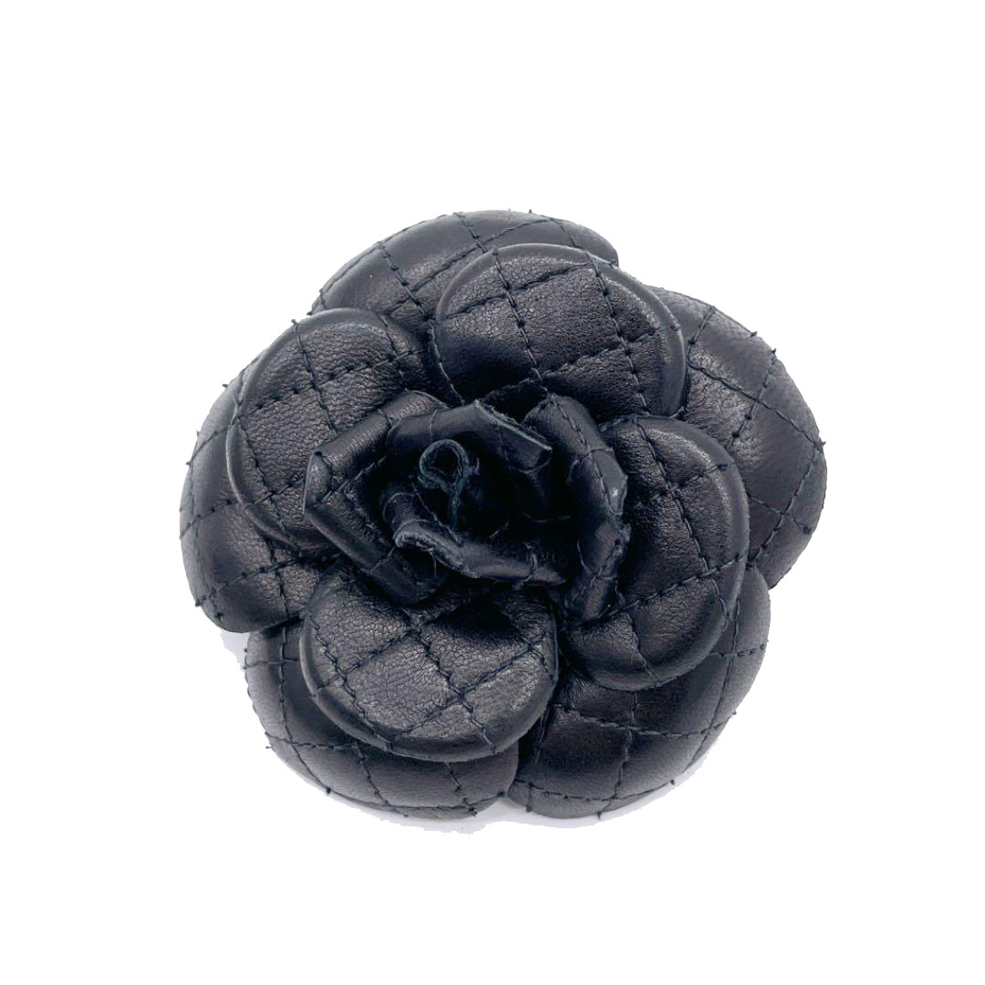 CHANEL シャネル コサージュ カメリア フラワー ステッチ レザー ブラック