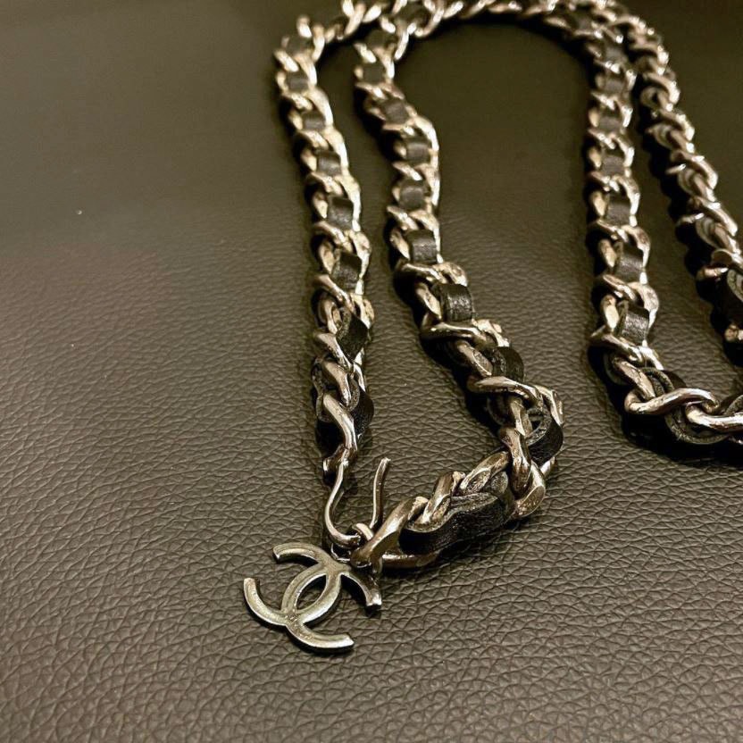 CHANEL シャネル チェーンベルト ココマーク メタル レザー シルバー ブラック 96P ヴィンテージ