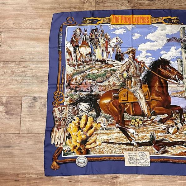 HERMES エルメス スカーフ カレ90 『The Pony Express（ポニーエクスプレス）』シルク インディアン 馬 ブルー系