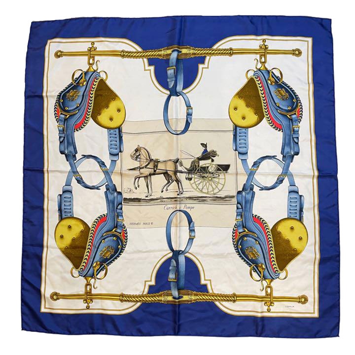HERMES エルメス ヴィンテージスカーフ カレ90 『Carrick a Pompe(馬具柄)』 シルク ホワイト ネイビー系