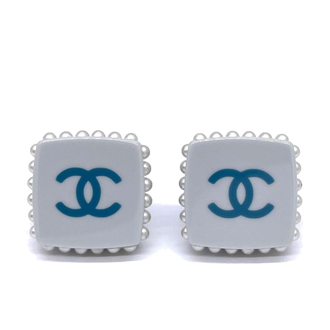 CHANEL シャネル スクエアピアス ココマーク フェイクパール プラスチック グレー ブルー系 15P