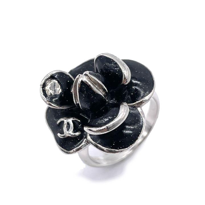 CHANEL シャネル カメリアリング 指輪 ココマーク メタル ブラック シルバー 08P 約12.5号