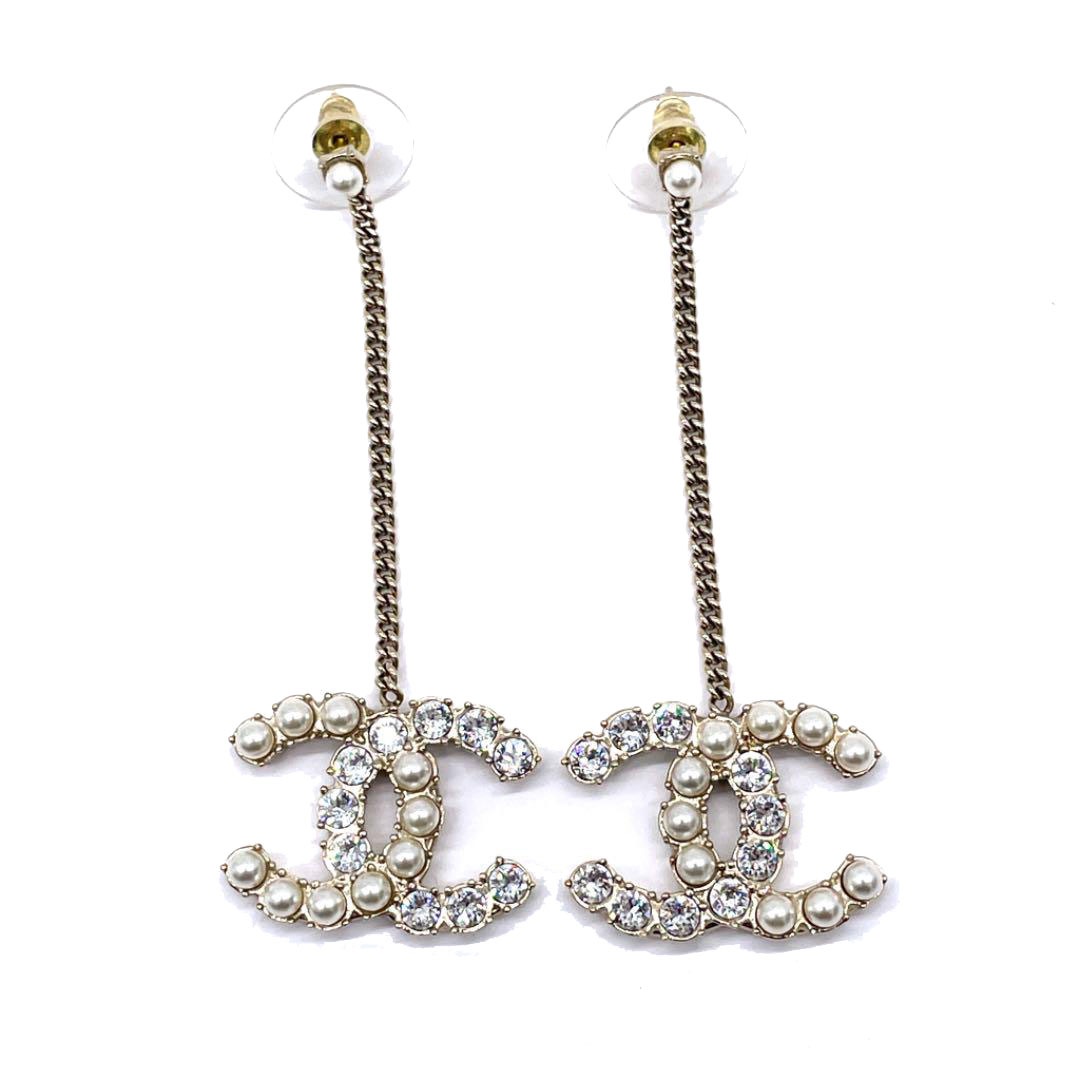 CHANEL シャネル ロングチェーンピアス ココマーク ラインストーン フェイクパール ゴールド B20B