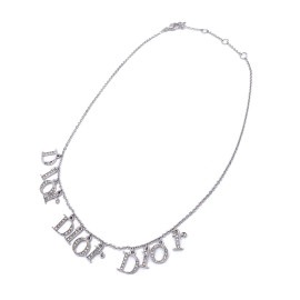 Christian Dior クリスチャンディオール 3連ロゴネックレス ラインストーン シルバー