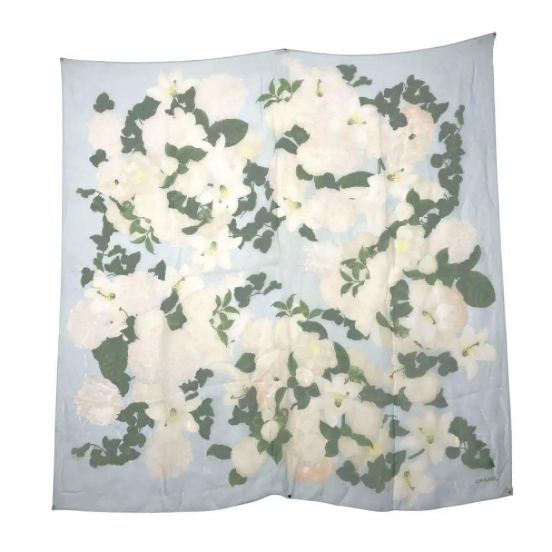 CHANEL シャネル シフォンスカーフ フラワー柄 シルク ライトブルー系 ※タグ欠品