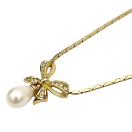 Christian Dior クリスチャンディオール ネックレス リボン フェイクパール ラインストーン ゴールド