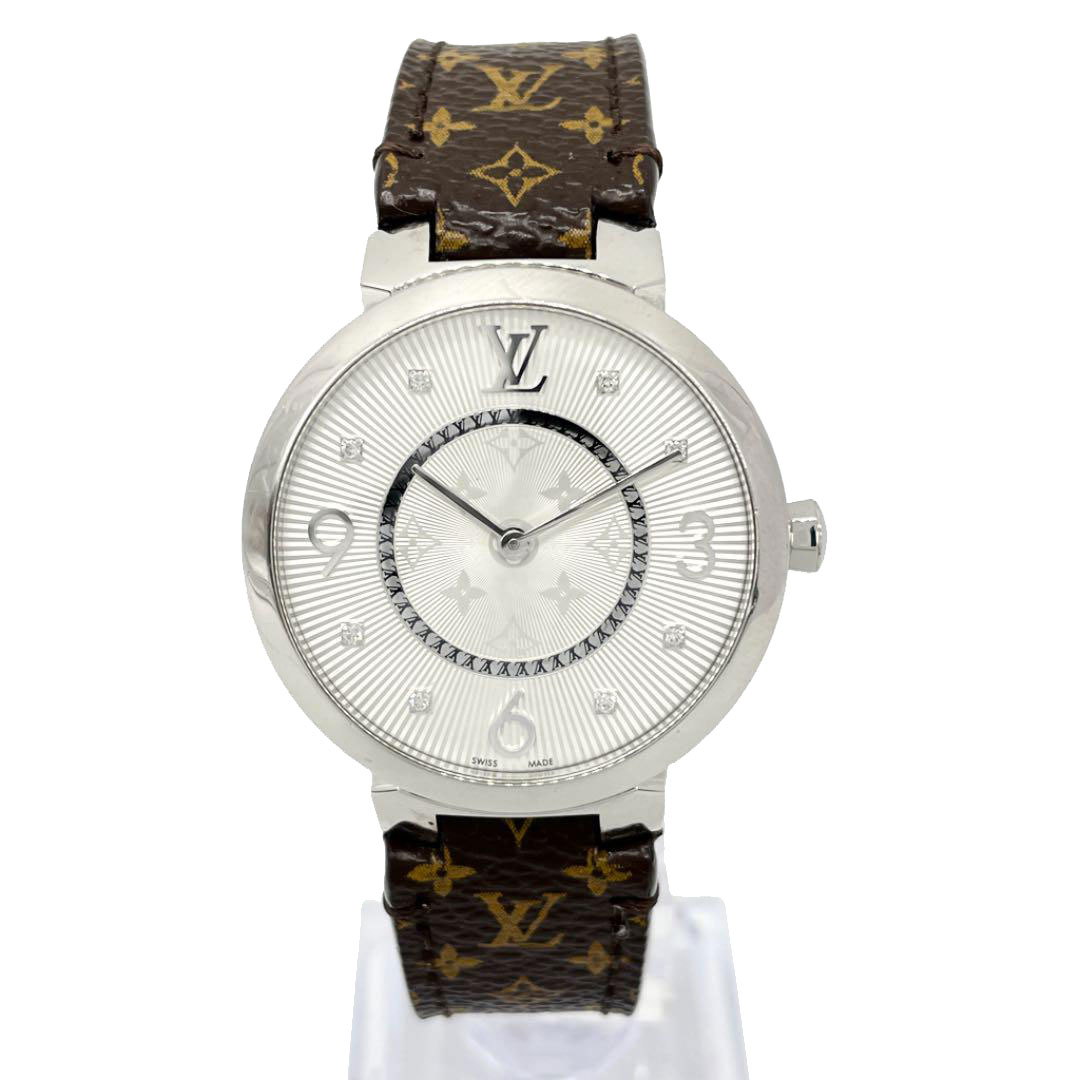LOUIS VUITTON ルイヴィトン レディース腕時計 タンブールスリムMM 8Pダイヤ QZ モノグラムベルト シルバー Q13MJB