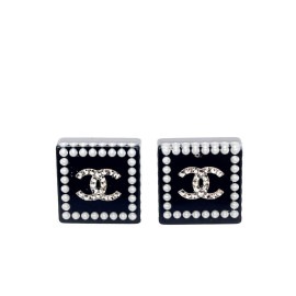 CHANEL シャネル スクエアピアス ココマーク プラスチック ブラック シルバー 14C