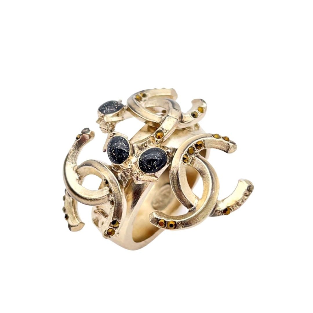 CHANEL シャネル リング 指輪 トリプルココマーク ブラックストーン シャンパンゴールド 12A 約11号