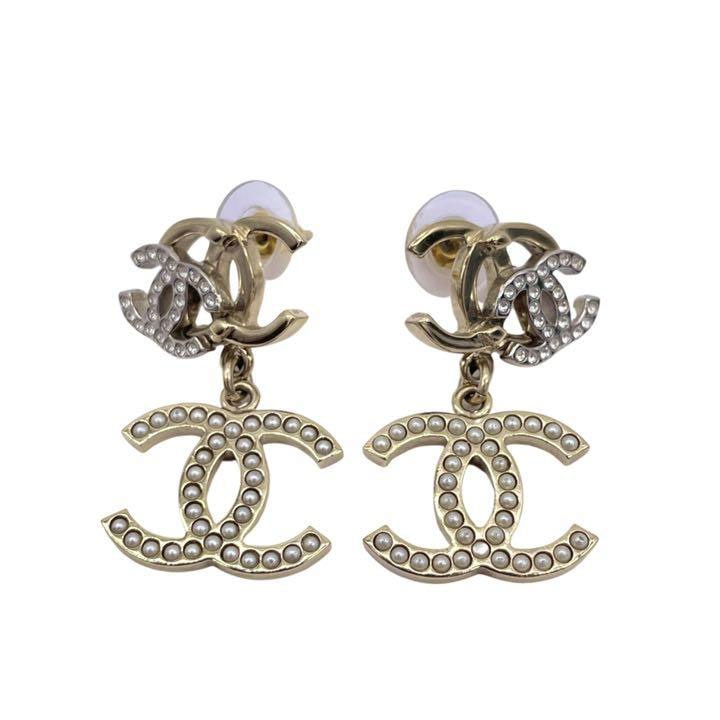 CHANEL シャネル スイングピアス トリプルココマーク ラインストーン フェイクパール ゴールド シルバー B21A