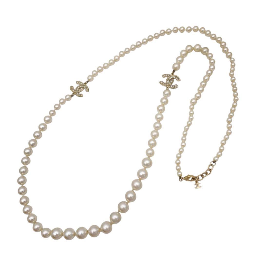 CHANEL シャネル ロングネックレス ココマーク フェイクパール ラインストーン ゴールド F16V