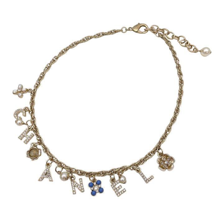CHANEL シャネル ネックレス ロゴ アイコン カメリア フェイクパール ラインストーン シャンパンゴールド C19C