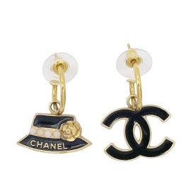 CHANEL シャネル フープピアス  ココマーク ハット ブラック ゴールド 02A