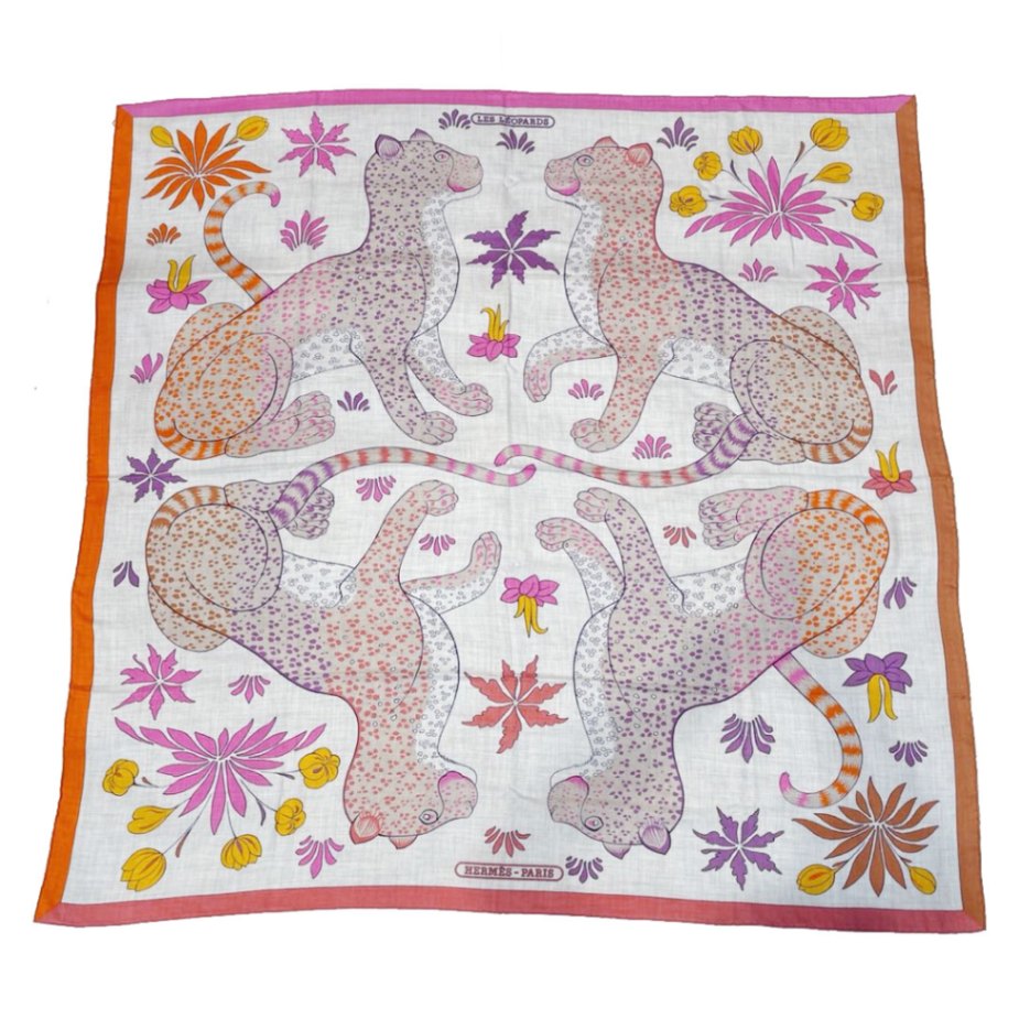HERMES エルメス ショール ストール カレジェアン140『LES LEOPARDS(レオパード)』 カシミヤ シルク グリシネ / ピンク / オレンジ 2022春夏コレクション