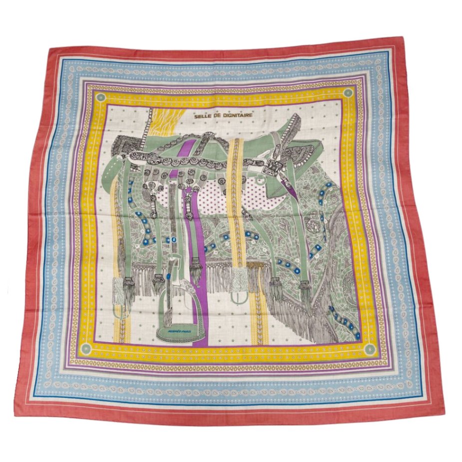 HERMES エルメス ショール カレジェアン140 『Selle de Dignitaire Bandana(高官の鞍)』 バンダナ カシミヤ シルク マルチカラー系