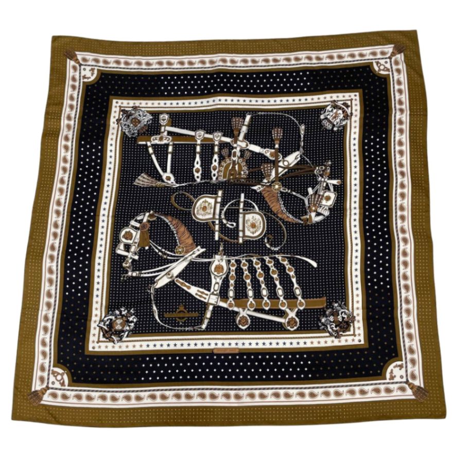 HERMES エルメス ショール カレジェアン140 『Harnais de Cour Bandana(宮廷の馬具)』 バンダナ カシミヤ シルク ブロンズ ブラック