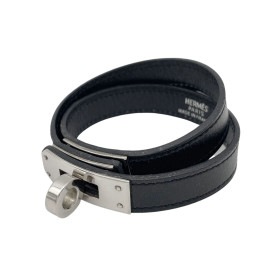 HERMES エルメス ケリー レザー ブレスレット ドゥブルトゥール ブラック シルバー金具 □F刻印