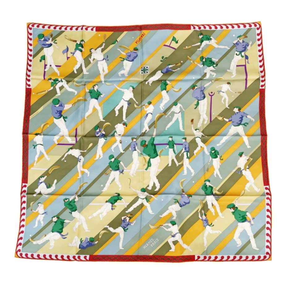 HERMES エルメス スカーフ カレ90 「PILOTARI(ピロタリ)」 バスク・ペロタ柄 シルク グリーン ブルー イエロー マルチカラー ソルド品