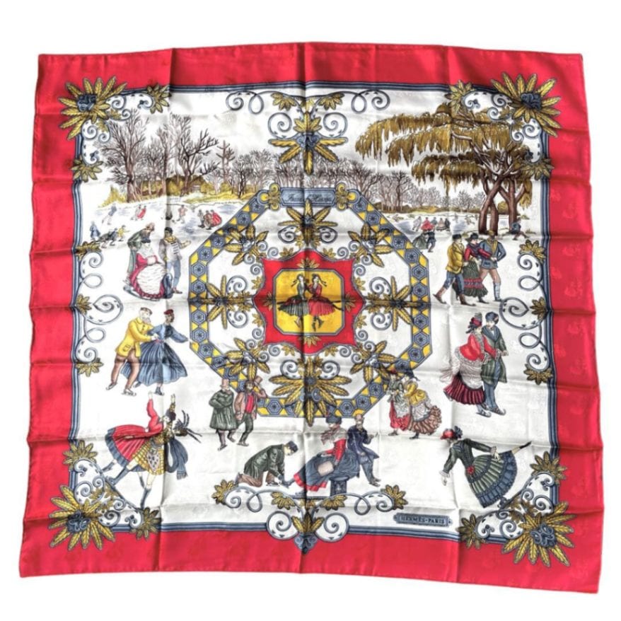 HERMES エルメス スカーフ カレ90 『Joies d’ Hiver(冬の愉しみ)』 シルク レッド ホワイト系