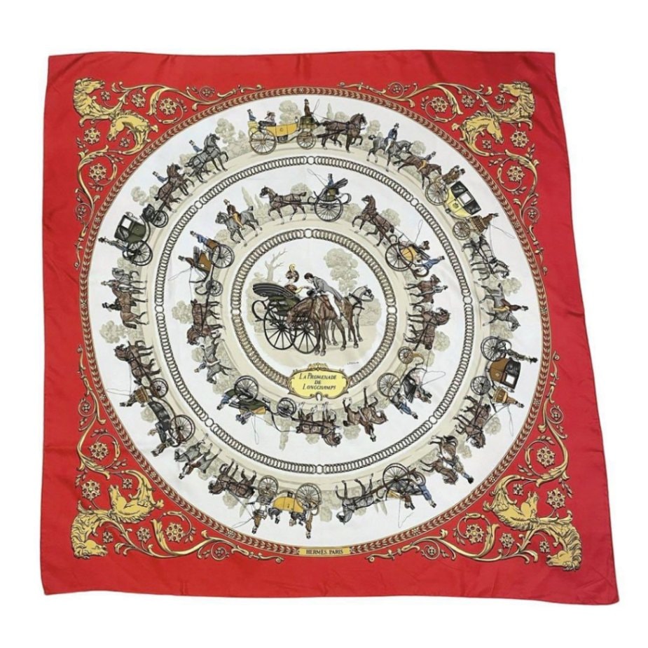 HERMES エルメス スカーフ カレ90 『LA PROMENADE DE LONG CHANMPS（ロンシャンへの散歩）』 馬車柄 シルク レッド ゴールド
