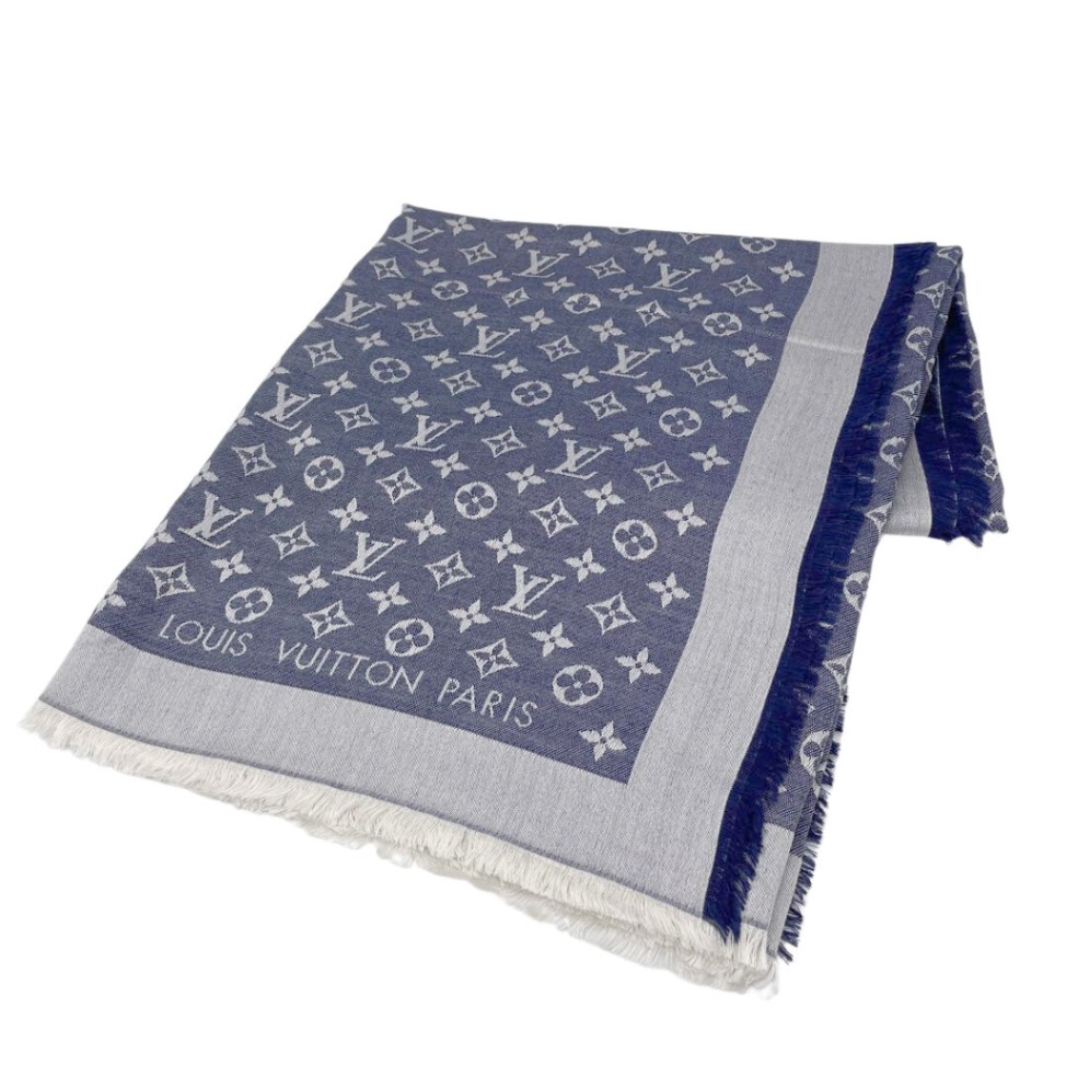 LOUIS VUITTON ルイヴィトン ショール・モノグラム デニム ブルー シルク/ウール M71376