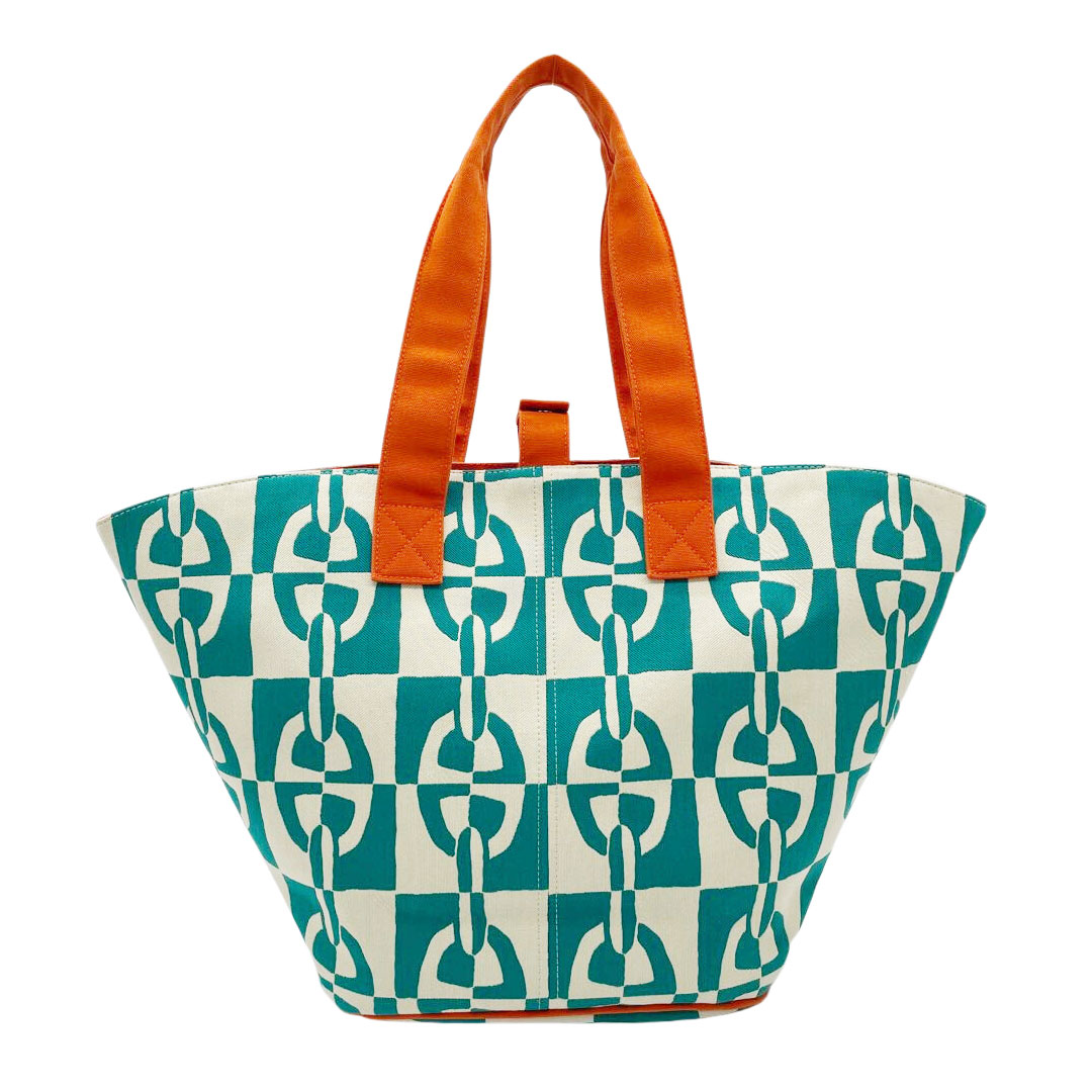 HERMES エルメス トートバッグ パニエド プラージュPM リバーシブル シェーヌダンクル柄 キャンバス アイボリー/グリーン/オレンジ
