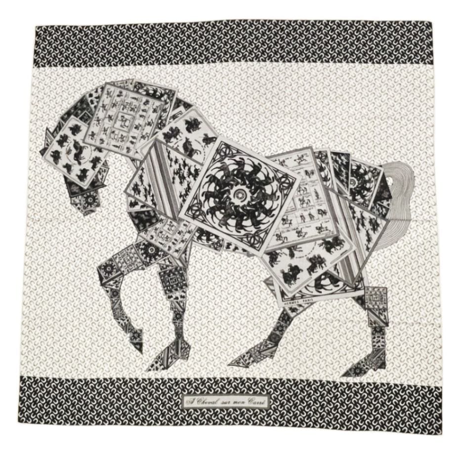 HERMES エルメス ショール ストール カレ140 『A Cheval sur mon Carre(カレの馬に乗って)』 カシミヤ シルク ブラック グレー系