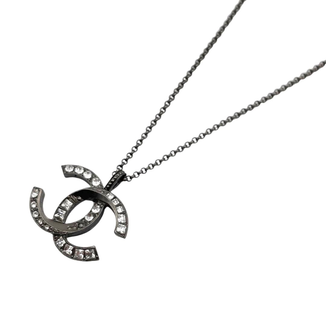 CHANEL シャネル ネックレス ココマーク ラインストーン ガンメタシルバー A18P
