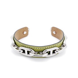 HERMES エルメス シェーヌダンクル レザー バングル ブレスレット シルバー ライトグリーン □F刻印