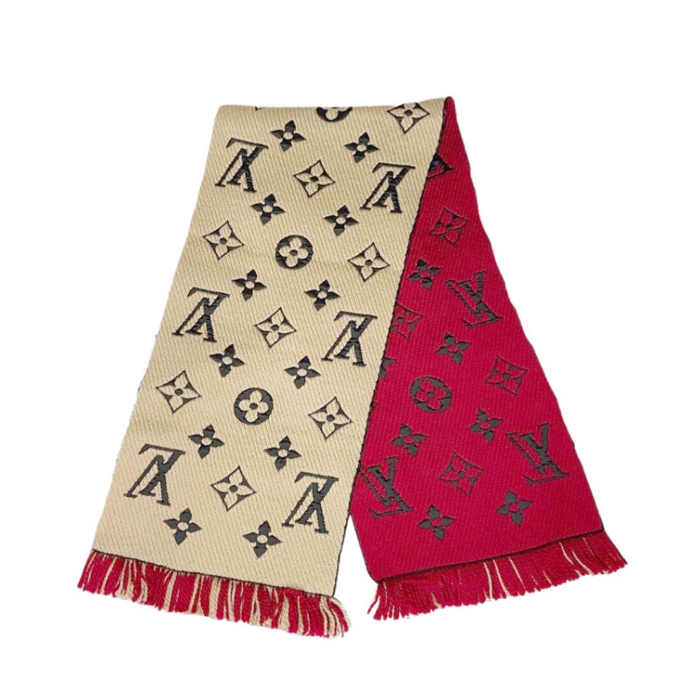 LOUIS VUITTON ルイヴィトン マフラー エシャルプ・ロゴマニア デュオ ウール シルク ベージュ レッド M73886