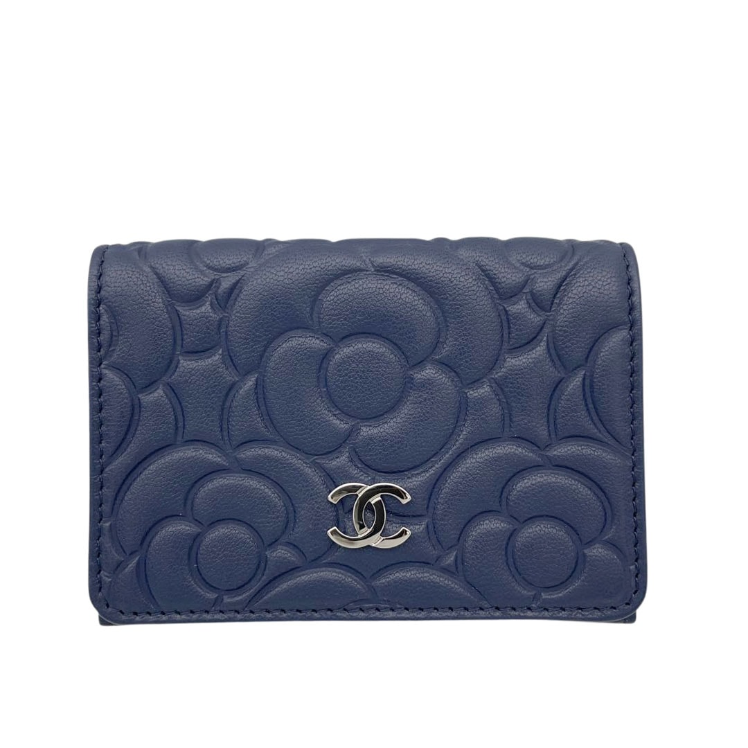 CHANEL シャネル カメリア 三つ折り財布 コンパクトウォレット レザー ネイビー 27番台