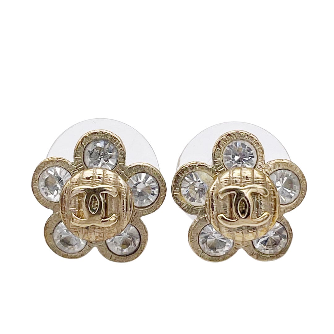 CHANEL シャネル フラワーピアス ココマーク ラインストーン 07A シャンパンゴールド