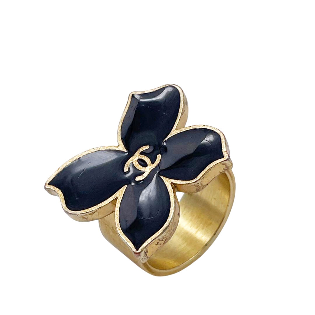 CHANEL シャネル フラワーリング 指輪 ココマーク メタル エナメル 02S ゴールド/ブラック 約13号