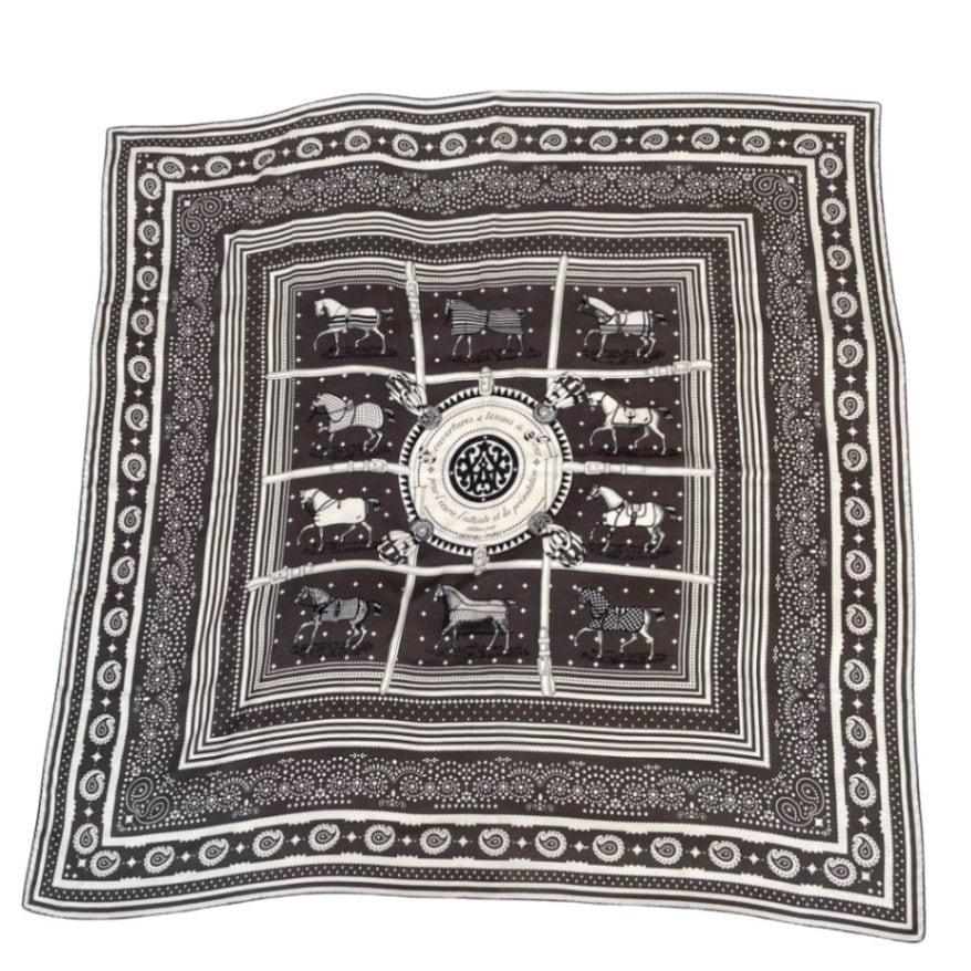 HERMES エルメス ショール ストール カレジェアン140『Couvertures et Tenues de Jour Bandana(馬着)』 バンダナ カシミヤ シルク グリトープ ブラック ホワイト