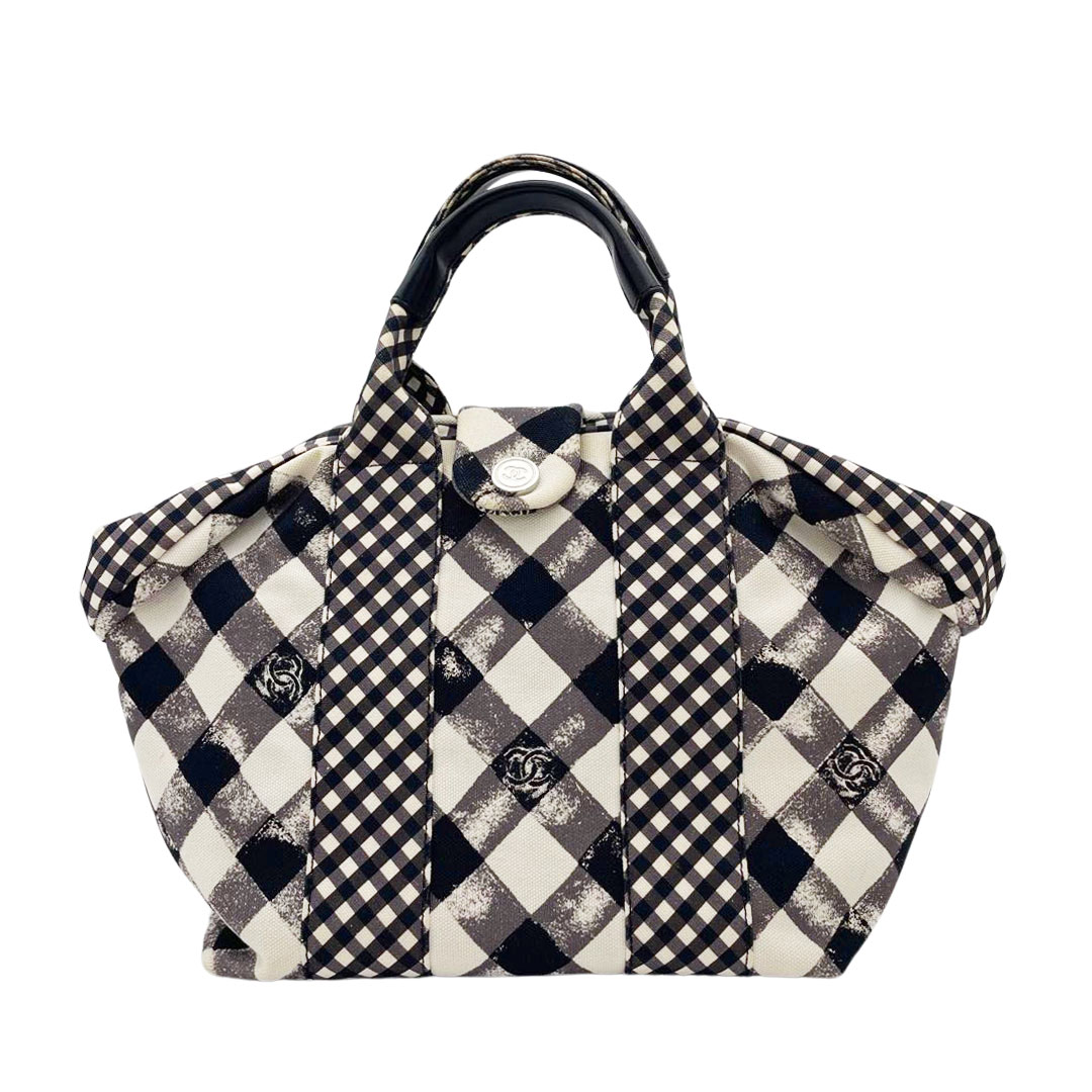 CHANEL シャネル ハンドバッグ ギンガムチェック キャンバス ホワイト/ブラック クルーズライン A49918 14番台