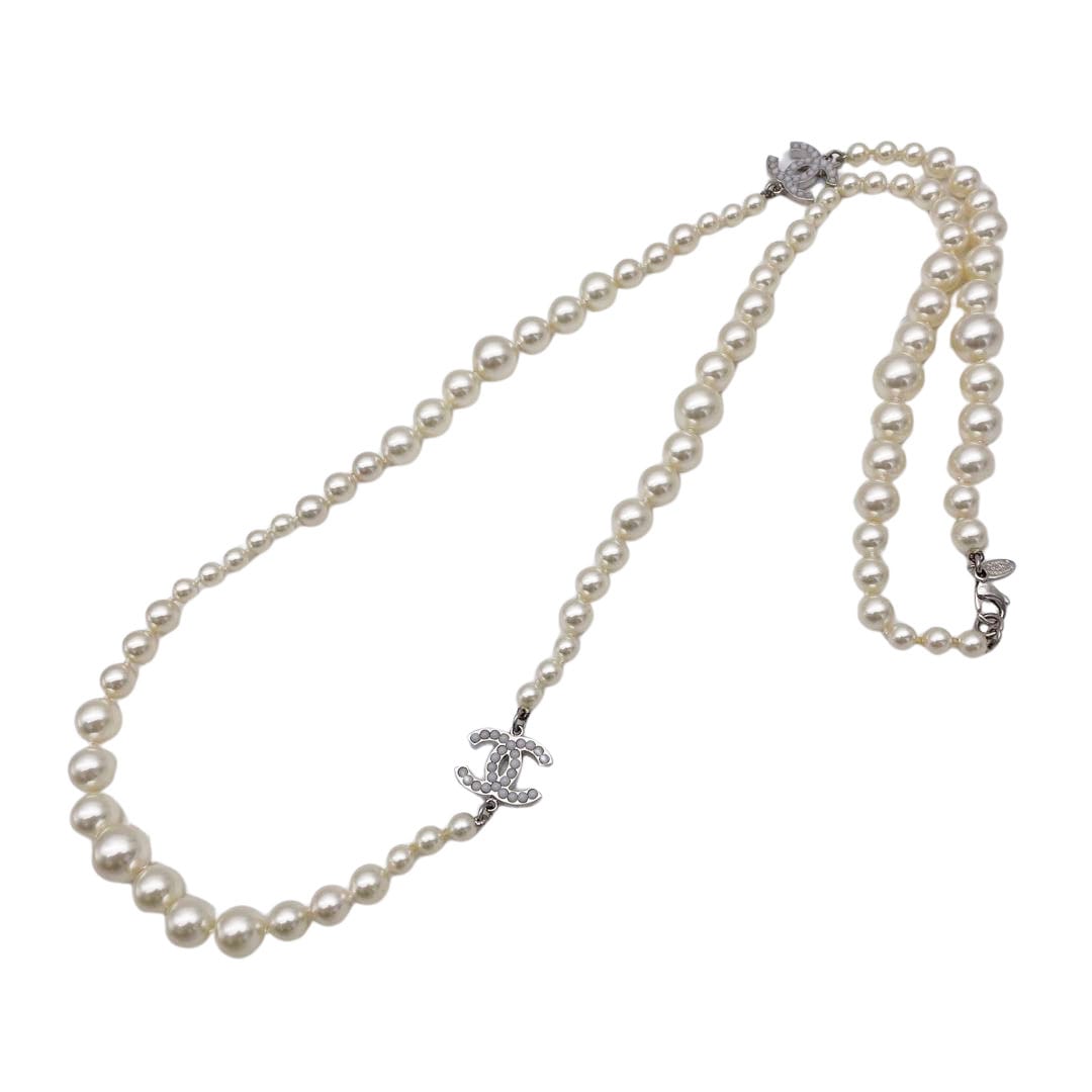 CHANEL シャネル ロングネックレス フェイクパール ココマーク シルバー 10V