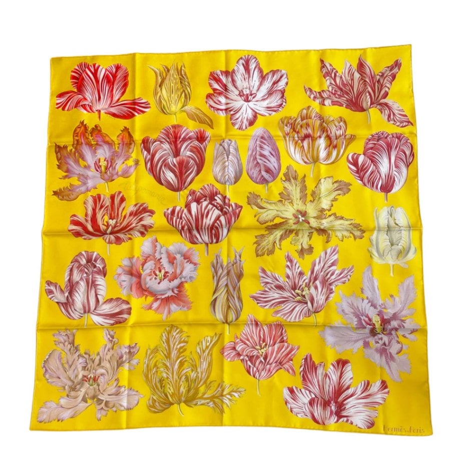 HERMES エルメス スカーフ カレ90 『Tulipomanie(チューリップマニア)』 シルク ジョーヌ・ヴィフ コライユ  パルム