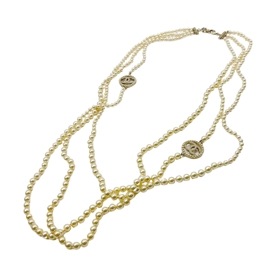 CHANEL シャネル 3連 ロングネックレス ココマーク フェイクパール ゴールド系 A17A